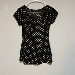 Liz McCoy Womens Size Small Polka Dot Black Yellow Short Sleeve Top Front Bow
